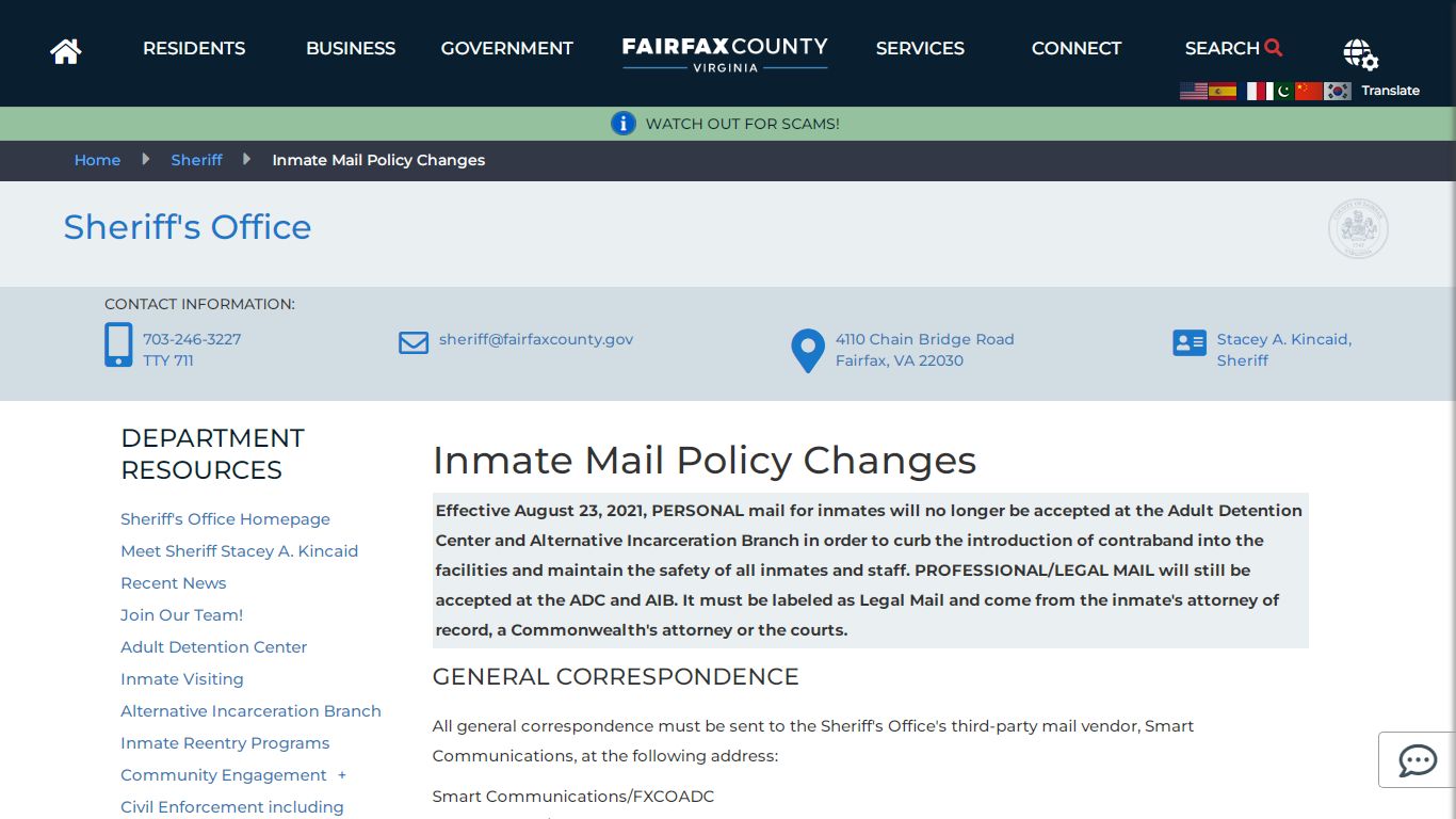 Inmate Mail Policy Changes | Sheriff - Fairfax County, Virginia